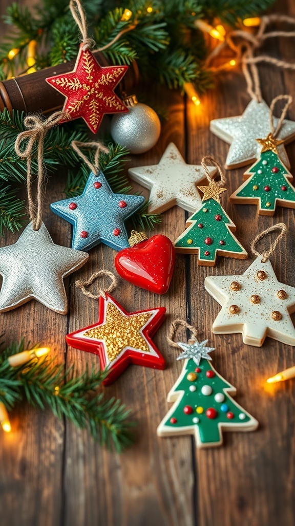 Colorful homemade Christmas ornaments in various shapes on a wooden table with pine branches and lights.